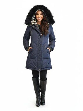1 Madison Down Parka XS Navy Faux Fur Hood Winter Coat Warm Long Jacket